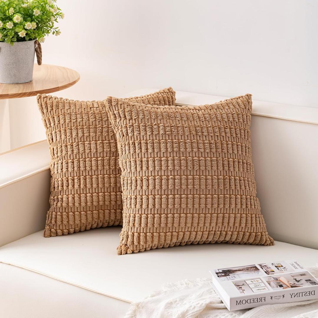 Aegero Pack of 2 Corduroy Decorative Throw Pillow Covers 18x18 InchSoft Boho Striped Pillow Covers Modern Farmhouse Home Decor for Sofa Living Room Couch BedCoffee