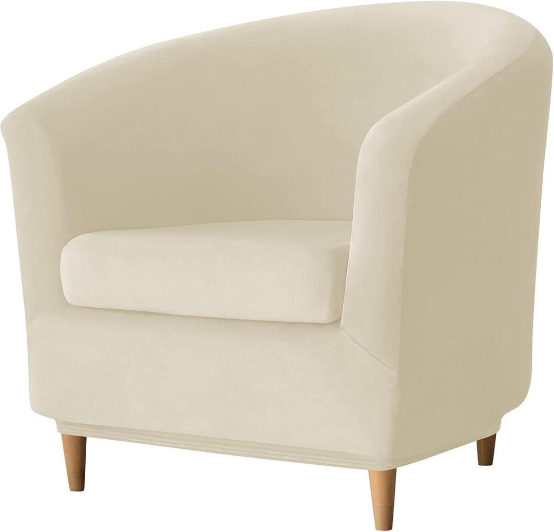 Stretch Tub Chair Covers, 2-Piece Club Chair Slipcover with Cushion Cover Soft Velvet Armchair Slipcovers Furniture Protector for Living Room (Beige)
