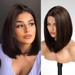 KOME Brown Highlight Short Bob Wigs,Brown Straight Shoulder Length Wigs for Women,Middle Part Heat Resistant Fibre Synthetic Wig Daily Use