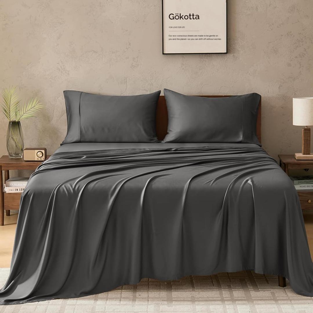 GOKOTTA Queen Size Bed Sheets 4 Piece Set, 100% Rayon Derived from Bamboo, Cooling for Hot Sleepers-Luxury Breathable Soft Sheets, Deep Pocket 16" Fitted Sheet with Elastic Corner Straps, Dark Grey