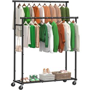Ekisemio Double Rods Clothes Rack with Wheels Load 400 LBS, 45 Inch Rolling Clothing Rack for Hanging Clothes, Heavy Duty Garment Rack with Shelves, Metal Portable Closet, Black