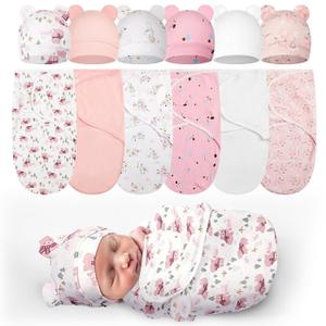 Ramede 6 Pack Preemie Swaddle Blanket with Hats Sleep Swaddle for Baby Boy Girl Preemie Newborn Sacks Soft Cotton Wearable , 18 (Bear,Pink)