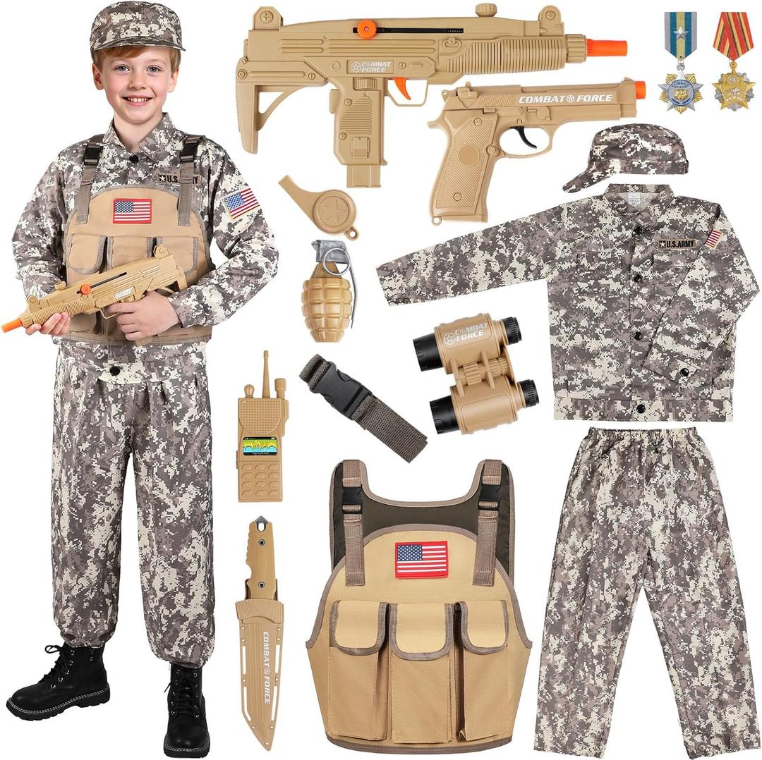 GIFTINBOX Kids Army Costume for Boys, Military Costume with Army Toy, Boys Halloween Costumes with Vest, Army Men Dress up (Medium, 6-8y)