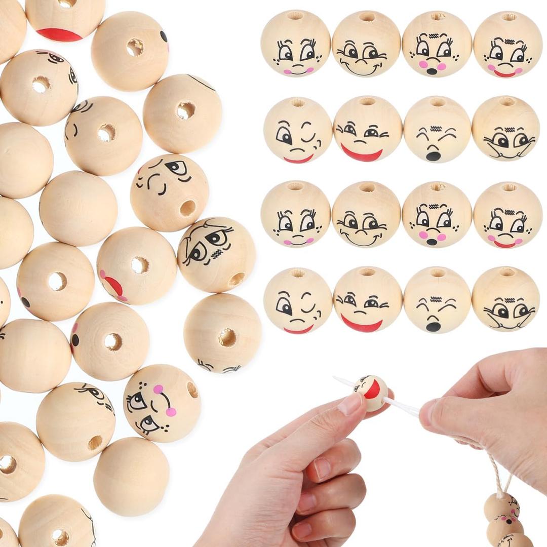 Painted Smiling Face Wooden Beads, 80Pcs Craft Wood Beads with Holes Pre-Drilled 0.78In Round Loose Spacer for Bracelet Necklace Garland Jewelry Making