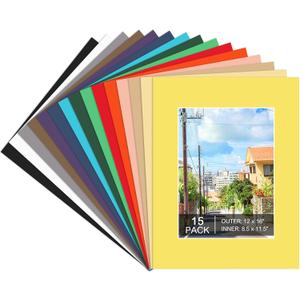 15 Pack 12x16 Picture Mats, Mixed Colors Frame Mattes for 9x12 Pictures Photo Frame Mat Core Bevel Cut Mat Board Show Kit for Photos, Prints, Artworks