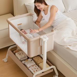 3-in-1 Baby Bassinet, Rocking Bassinet, Bedside Bassinet for Baby, Stable and Secure Bassinet Bedside Sleeper for Newborn & Infant, 6 Height Adjustable with Wheels, Mattress & Breathable Mesh (Khaki) | Rocking bassinet, 6 Adjustable Heights, Comfy Mattress, Safety bassinet, Storage Basket