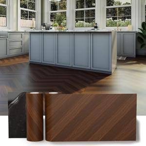 2 Rolls 11.8" Wide Cover 40 Sq.Ft Peel and Stick Floor Tile Roll, Durable Self Adhesive Vinyl Flooring Wood Grain Linoleum Flooring Tile DIY for Kitchen, Bathroom, Living Room, Dark Brown Herringbone