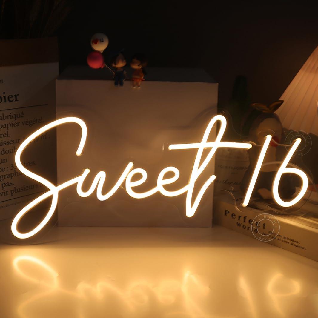 SYLHOME Sweet 16 LED Neon Light Sign 17"X7.3" 5V Sweet Girls Adults Bedroom Happy 16th Birthday Party Wall Decor Beautiful Bestie Sister Gift USB Warm White