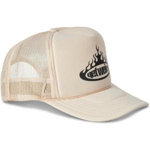 Flame Cap, Funky Streetwear Hat with Bold Graphics, Trucker Fit, Breathable Mesh Back and Curved Brim, Cream, One Size
