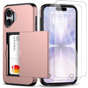 for iPhone 17 Wallet Case with Card Holder + 2 Tempered Glass Screen Protector Protective Shockproof Hidden Card Slot Slim Case Women Men for iPhone 17 6.3(Rose Gold)
