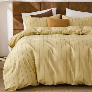 Merryword Yellow Striped Duvet Cover Set King Size, Natural Cotton Bedding Set with Zipper Closure & 8 Corner Ties, Soft Breathable Luxury Linen Like Bedding for All Seasons