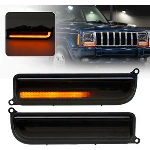 2PCS Sequential Led Front Turn Signal Lights for 1997-2001 J'eep Cherokee XJ Amber Led Bumper Signal Lights White Parking Light Front Corner Side Marker Lamps OEM Replacement 55055142 Smoked Lens