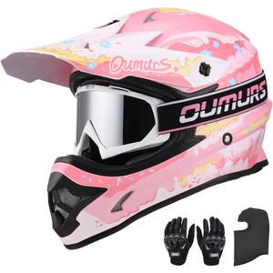 OUMURS DOT Adult ATV Dirt Bike Helmet with Goggles Gloves & Mask Adjustable Sun Visor Motorcycle Adults Helmet Off-Road Motocross Downhill Moped MX for Unisex-Adult-Pink Cake, M