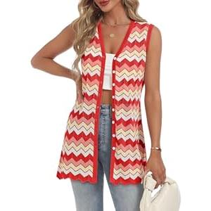 Women's Swimwear Cover Ups V Neck Button Down Sweater Vest Fashion 2025 Sleeveless Striped Cardigans (Medium, Pink)