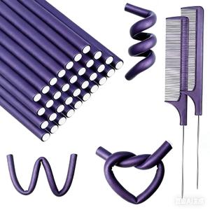 60 Pieces Flexible Curling Rods Twist Foam Flexi Rods No Heat Hair Rods Hair Rollers and Steel Pintail Rat Tail Comb for Long or Short Hair Women Girls (9.45 x 0.31, Purple)