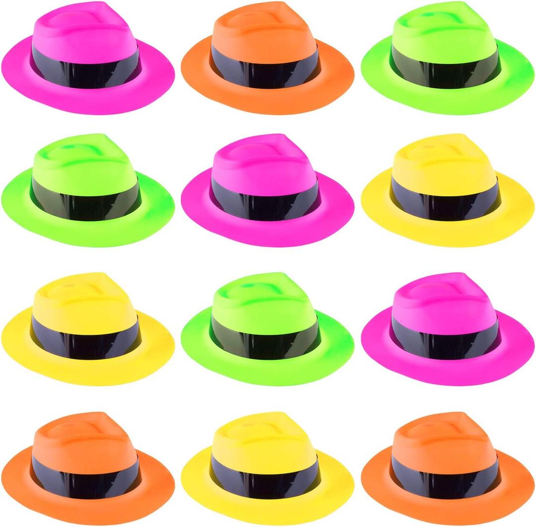 Super Z Outlet 12 Pack Neon Mafia Style Gangster Fedora Dress Hats Children's Birthday Props Supplies Favors