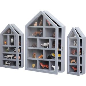 Set of 3 Wooden Trinket Display Shelf Shadow Box with Shelves 10 x 15 Inch Large Wall Mounted Display Storage Mini Figures Curio Trinket Medals Crafts Collections(Gray,House Shape) (Grey)