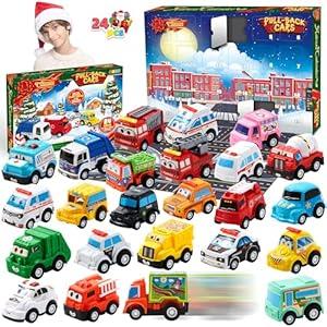 JOYIN 2025 Advent Calendar with 24 Vehicles, Countdown Advent Calendar Gifts Kids Toddler Boys, Xmas Gift 24 Vehicles with Pull Back Police Racing Cars