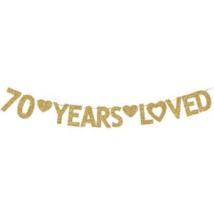 70 Years Loved Banner, Happy 70th Birthday Party Decorations Gold Gliter Paper Signs