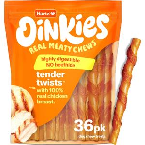 Hartz Oinkies Tender Twists with Real Chicken Breast Rawhide-Free Dog Treats, Highly Digestible Dog Chews, 36 Count (EXP 08/01/26)