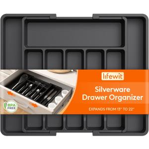 Lifewit Silverware Drawer Organizer, Expandable Utensil Tray for Kitchen, BPA Free Flatware and Cutlery Holder, Adjustable Plastic Storage for Spoons Forks Knives, 13-22 x 15", Black