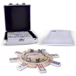 Mexican Train Dominoes Set Double 12 Color Dots with Wooden Hub 8 Metal Trains and Aluminum Case