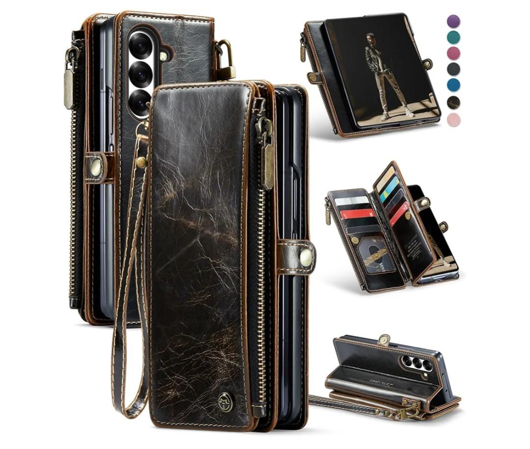 Defencase for Samsung Galaxy Z Fold 7/ Fold7 Wallet Case with RFID Blocking 10-Card Holder, Fashion Soft PU Leather Magnetic Snap Flip Zipper Wrist Strap Phone Case for Galaxy Z Fold 7 5G, Coffee