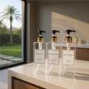 Modern Gold Design Shampoo and Conditioner Dispenser, Large 27oz Shower Soap Dispenser, Set of 3 Refillable Empty Plastic Pump Bottles for Bathroom (6 Waterproof Labels Included), (Clear & Black)