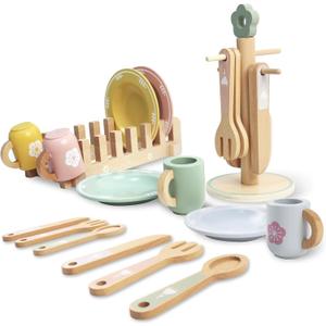 Play Dishes for Kids Kitchen, Wooden Play Kitchen Accessories, Play Plates and Cups for Kids Kitchen , Play Kitchen Dishes for Toddlers Boys and Girls 3 4 5 6
