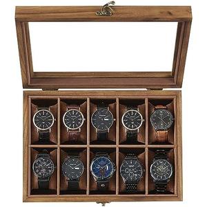 SONGMICS Watch Box, 10-Slot Solid Wood Watch Case Organizer with Glass Lid, Display Case with Removable Pillows, Gift for Loved Ones, Rustic Walnut UJOW100K01