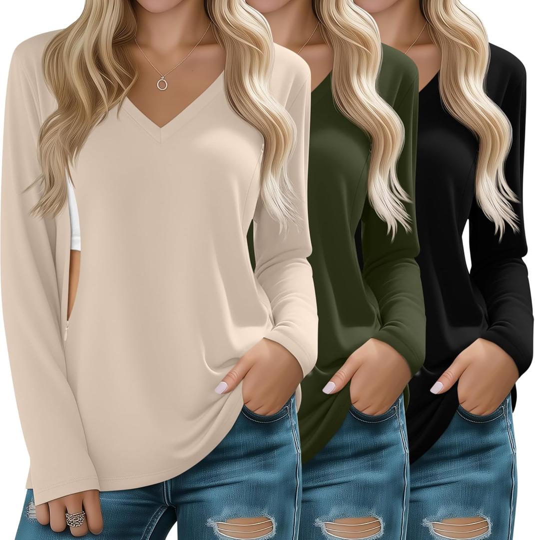 Huukeay 3 Pack Women's Long Sleeve Nursing Tops, Breastfeeding Hidden Zippers Shirts V Neck Maternity Pregnancy Tees Clothes (Medium, Black, Army Green, Light Khaki)