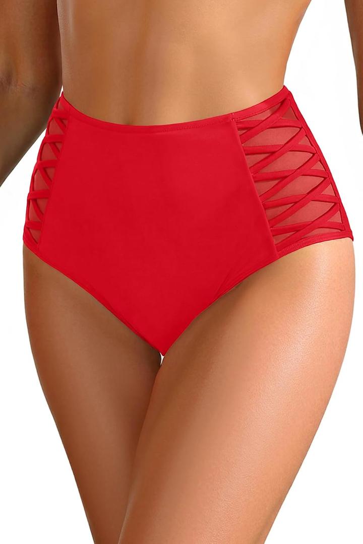 Women High Waisted Bikini Bottom - Red Tummy Control Swimsuit Full Coverage Bathing Suit Side Mesh Swim Bottom 2025 L
