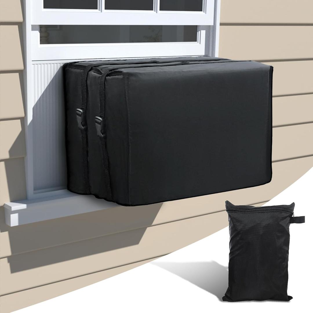 Black Window AC Cover, Dust-proof Waterproof Outdoor Protection Cover, Adjustable Straps, Bottom Covered, Medium (21"x16"x15") 