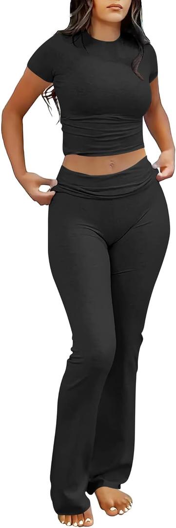ANRABESS Lounge Sets for Women 2 Piece Foldover Yoga Flare Leggings Pants Crop Tops Casual Y2K Outfits Matching Tracksuit Set (Medium, Black)