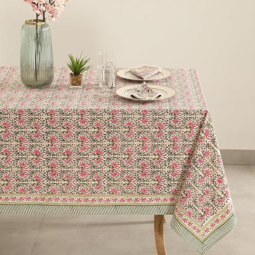 Labhanshi Indian Handblock Print Floral Cotton Rectangle 72x135 Inch 10-Seater Dining Tablecloth|Washable St. Patrick Picnic Outdoor Camping Festive Mother's Day Table Cover|Pink Green