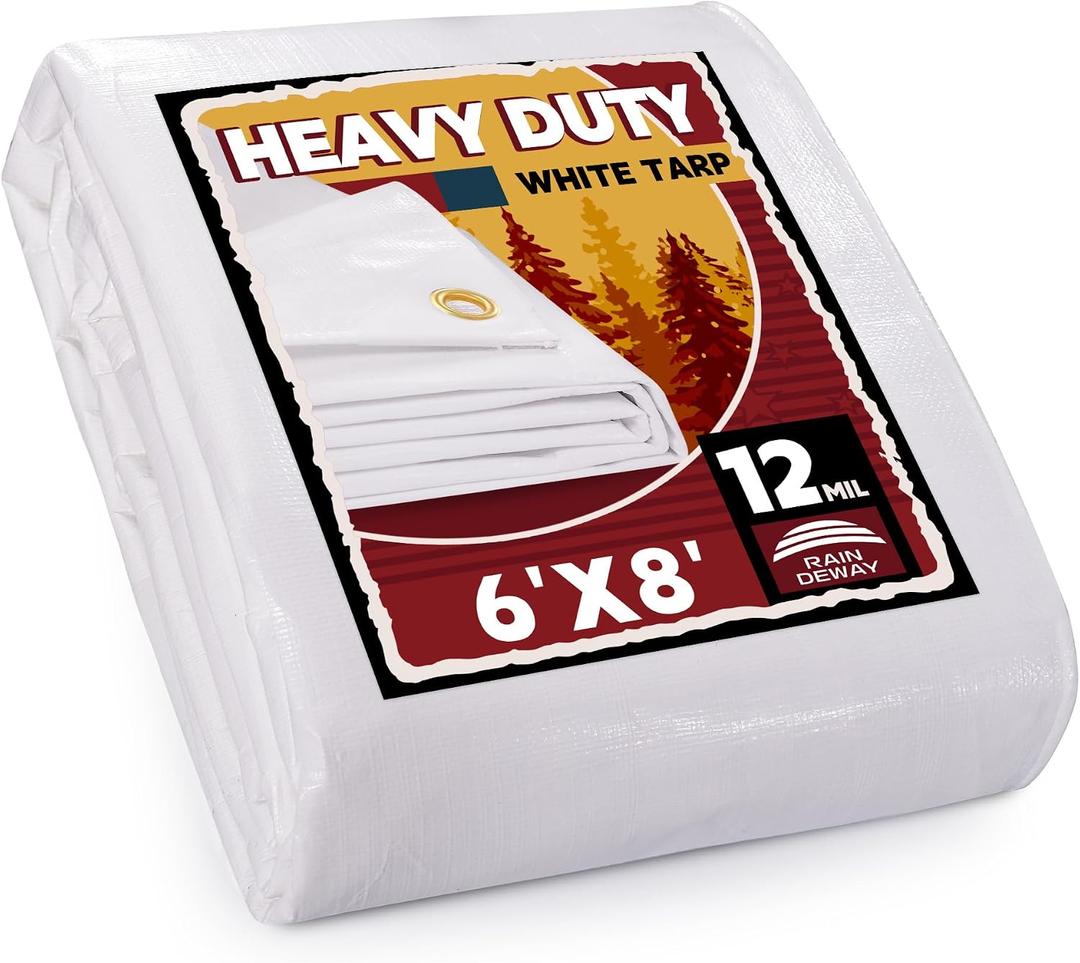 Heavy Duty White Tarps 6' X 8',12 Mil Extra Thick,Durable,Waterproof, UV Resistant, Weatherproof Poly Canopy Tarp,Camping,Carport, (Finished Size)-by Raindeway