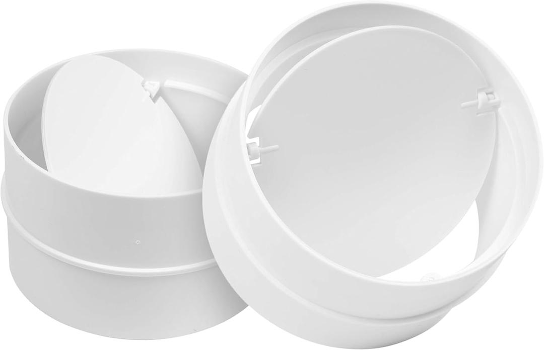 2pack 6"" Inch Round Duct Connector - Plastic Air Backdraft Damper - Backflow Stopper - One-Way Airflow Duct Insert for Extractor Fans, White (6'' Male with Shutter - 2PK)