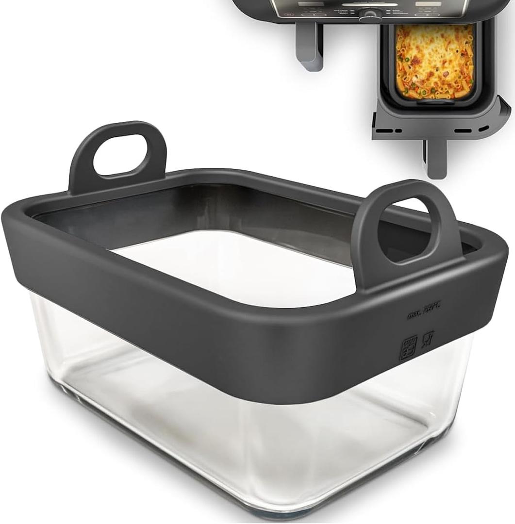 Air Fryer Glass Liner with Removable Silicone Ring, Reusable Liners Compatible for Ninja Foodi DZ201, DZ401, DZ550, COSORI, Chefman, Instant Air Fryer, and 6-in-1 8-10QT AirFryer Baskets