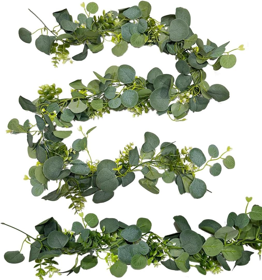 PlumPine 2 Pack 5.9ft Artificial Eucalyptus Garland with Baby Breath Faux Realistic Silver Dollar Eucalyptus Leaves Greenery Garland Vines for Wedding Centerpiece Table Runner Mantle Decor