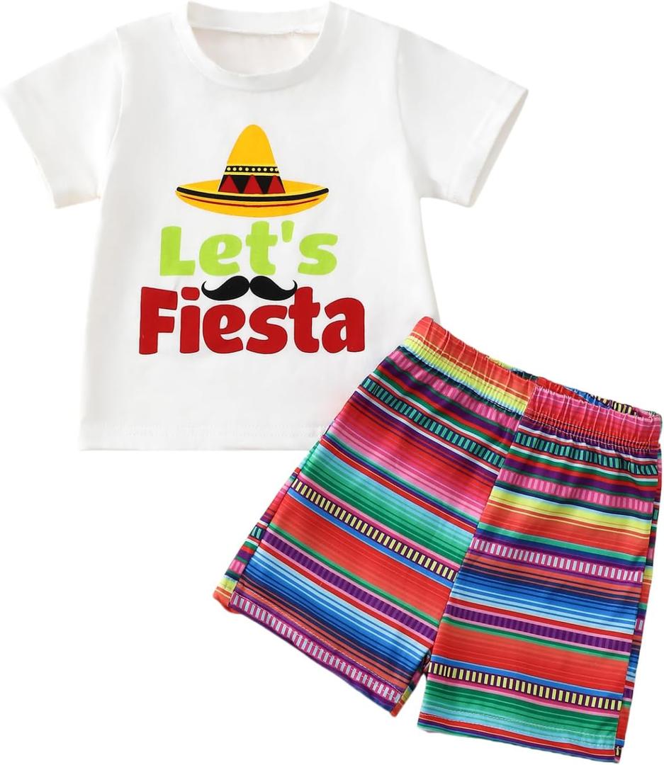 Noubeau Toddler Baby Girl Boy Cinco De Mayo Outfit Let's Fiesta Short Sleeve T-Shirt Short Set Mexican Outfits