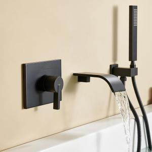 Wall Mount Tub Faucet with Waterfall Tub Spout Wall Mounted Bathtub Faucet with Handheld Shower Single Handle Tub Filler Shower Faucet Set with Rough-in valve Straight Spout Matte Black