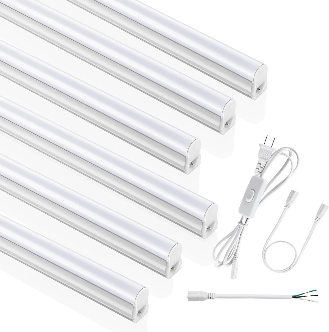 (6 Pack) 4FT T5 LED Integrated Fixture, 6500K, 20W, 2300LM(Super Bright White) Linkable LED Shop Light, Garage Ceiling and Cabinet Light, Strip Light, Corded Electric with ON/ Off Switch