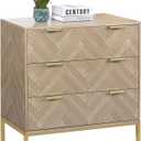 Modern 3-Drawer Storage Cabinet, Mid-Century Natural Oak 3-Drawer Table with Gold Metal Legs, Space-Saving Home Organizer Furniture Large Nightstand for Living Room, Entryway