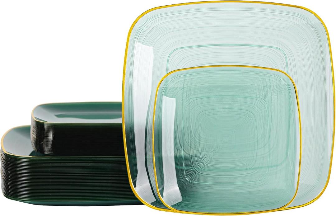 64 Pack Green Plastic Plates, Square Disposable Plate With Gold Rim Heavy Duty Party Dishes 32 Dinner Plates and 32 Dessert/Salad Plates For Wedding, Birthday