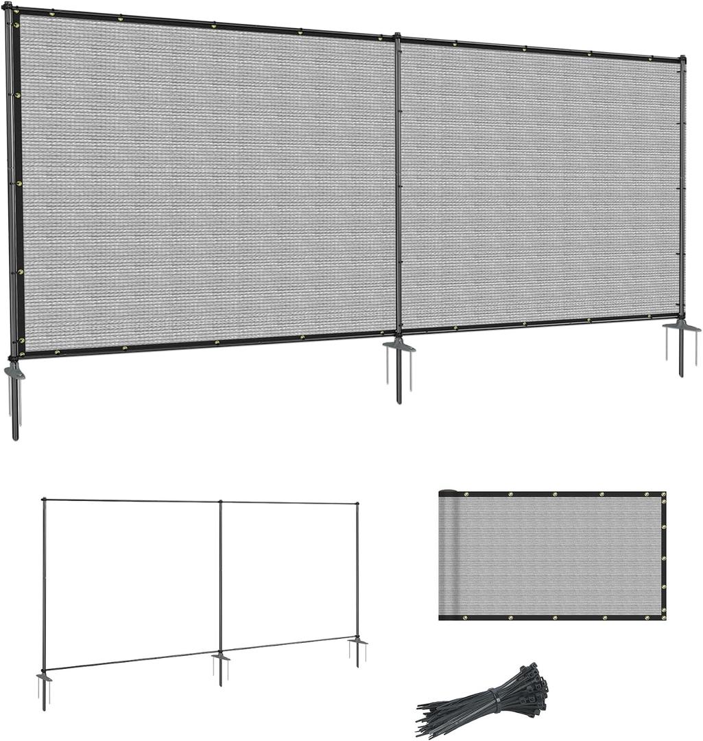 SunnyRoyal 5' x 12' Privacy Fence Screen Panel with Iron Poles Freestanding No Dig Heavy Duty Windscreen Mesh Fabric Temporary Dog Fencing for Outdoor Backyard Patio Garden (Light Gray)