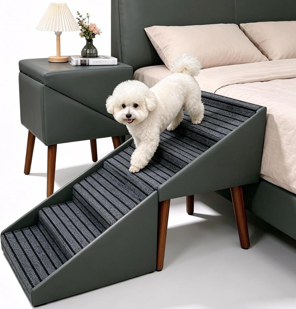 22.5" H Dog Ramp for Small Dogs - 2-in-1 Leather Foldable Dog Stairs for High Bed & Couch, Converts to Ottoman/Bedside Table - 6-Steps Non Slip Ramp for Medium, Puppy, Senior & Injured Pets