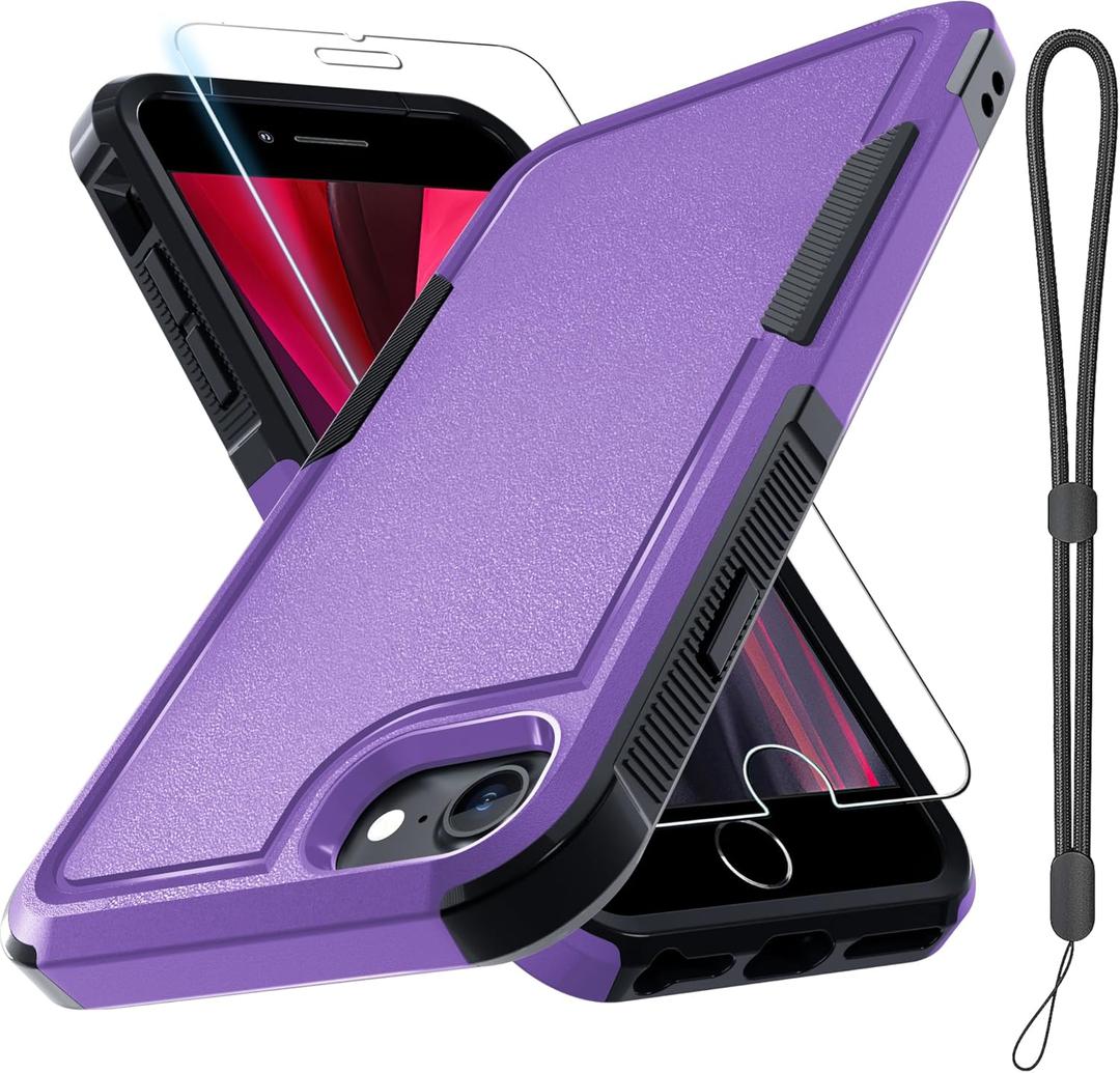 RMOCR Case for iPhone 8/7/SE 2022 2020, with Screen Protector,Military Grade Heavy Duty Shockproof Phone Cover with Wrist Lanyard Strap for iPhone 8/7/SE 2nd 3rd 4.7 inch,Lavender