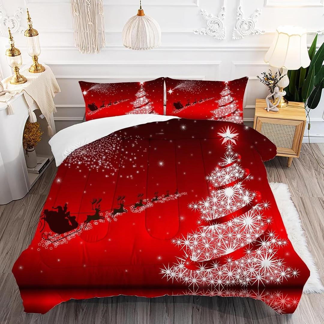 kxry Merry Christmas Comforter Set Santa Claus Deer Christmas Tree Galaxy Red Bedding Quilt Full Size for Girls Boys Kids 1 Comforter + 2 Pillow Cases