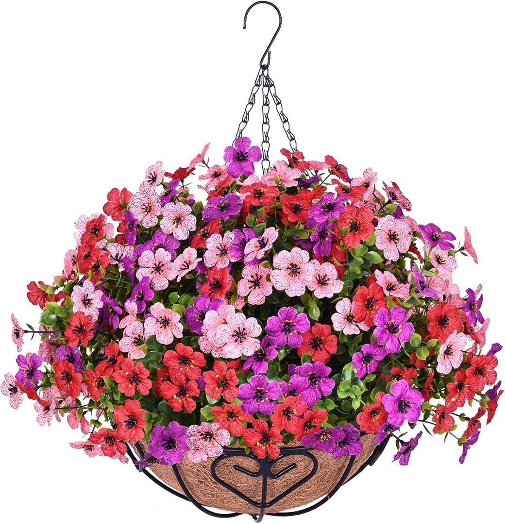 Waipfaru Artificial Flowers for Outdoors, Fake Hanging Plants Flowers with Basket, Faux Green Plant in Metal Coconut Lining Pot, Daisy with Eucalyptus Leaves for Summer Decor(Red Pink Purple)