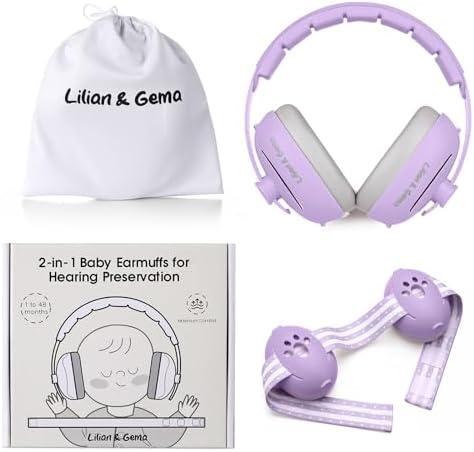 Lilian&Gema 2-in-1 Baby Ear Muffs Noise Protection up to 48 Months - Baby Airplane/Travel Essentials - Adjustable Noise Reduction Earmuffs - Ear Protection Headphones for Infant & Toddler, Purple